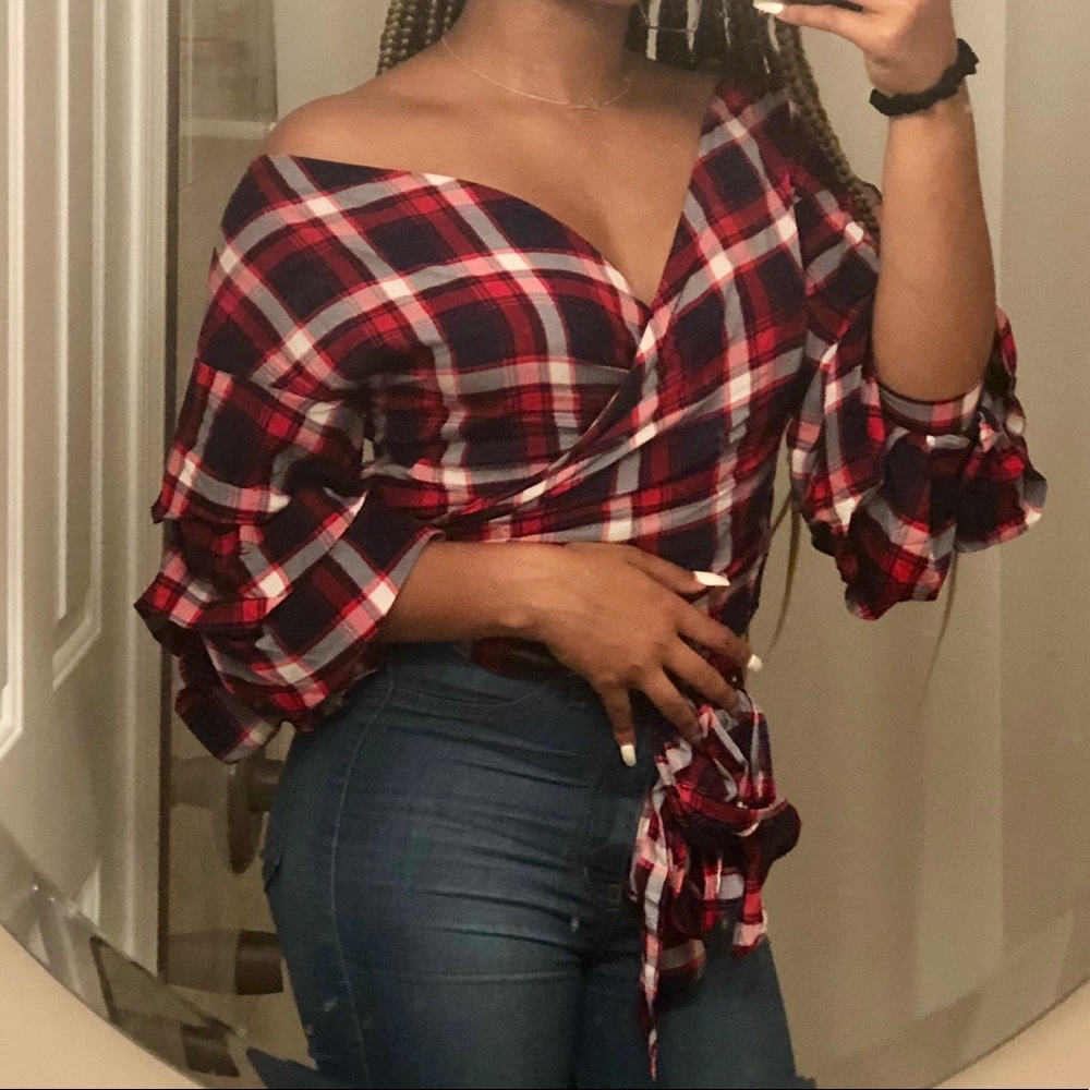 Off the shoulder plaid shirt